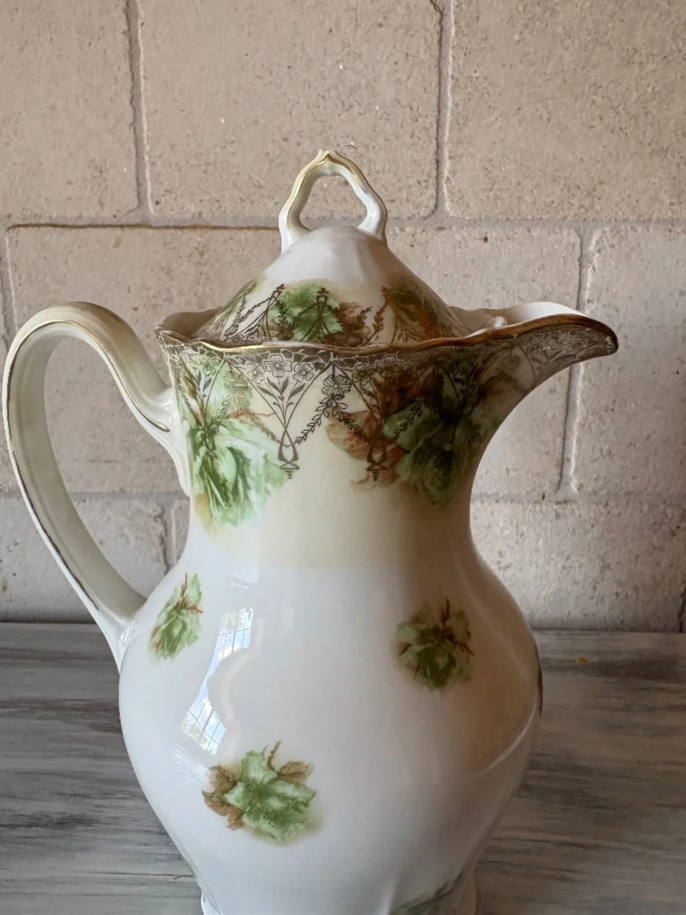 Antique Chocolate Pot Green Floral Gold Trim